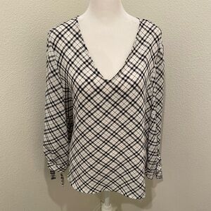 CeCe Black & White Plaid V-Neck Blouse Women’s Medium